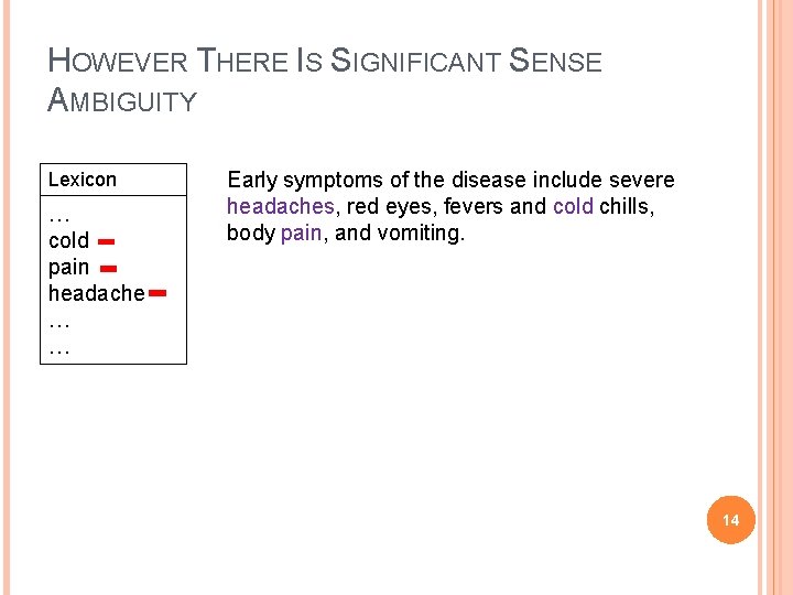 HOWEVER THERE IS SIGNIFICANT SENSE AMBIGUITY Lexicon … cold pain headache … … Early