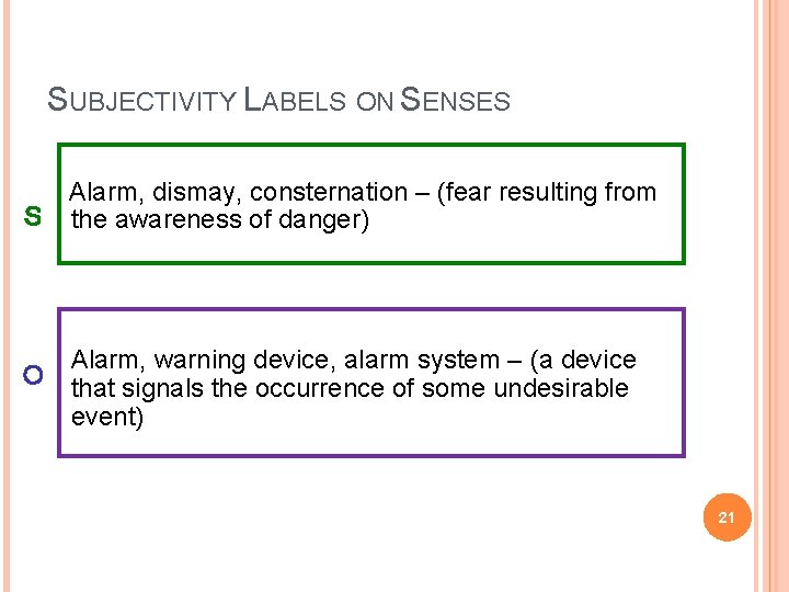 SUBJECTIVITY LABELS ON SENSES S Alarm, dismay, consternation – (fear resulting from the awareness