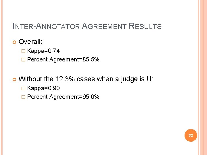 INTER-ANNOTATOR AGREEMENT RESULTS Overall: � Kappa=0. 74 � Percent Agreement=85. 5% Without the 12.