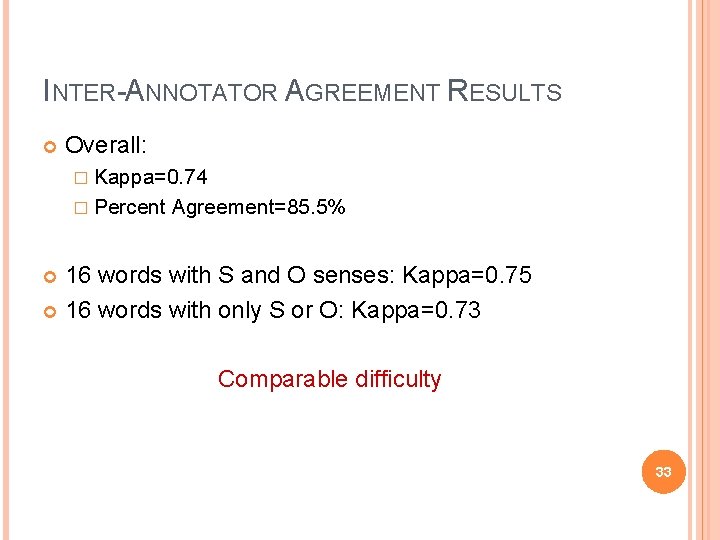 INTER-ANNOTATOR AGREEMENT RESULTS Overall: � Kappa=0. 74 � Percent Agreement=85. 5% 16 words with