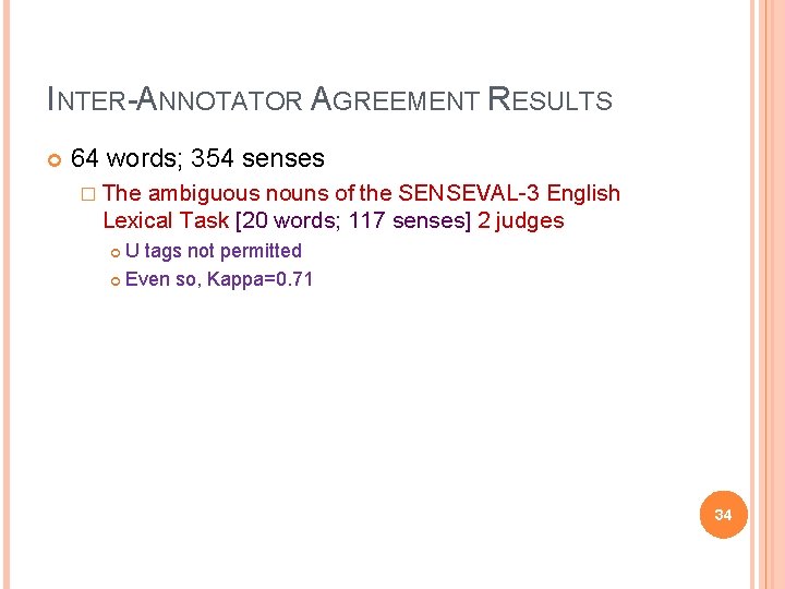 INTER-ANNOTATOR AGREEMENT RESULTS 64 words; 354 senses � The ambiguous nouns of the SENSEVAL-3