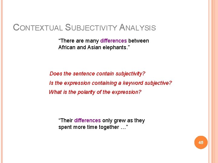 CONTEXTUAL SUBJECTIVITY ANALYSIS “There are many differences between African and Asian elephants. ” Does