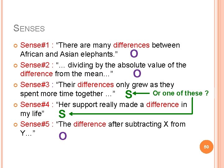 SENSES Sense#1 : “There are many differences between African and Asian elephants. ” O