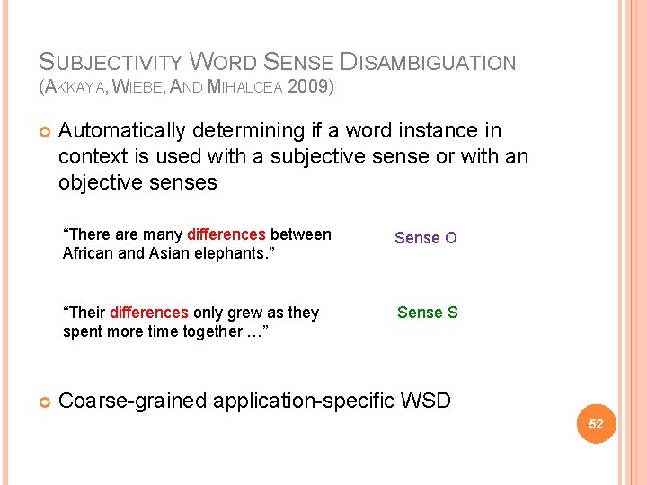 SUBJECTIVITY WORD SENSE DISAMBIGUATION (AKKAYA, WIEBE, AND MIHALCEA 2009) Automatically determining if a word