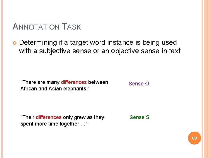 ANNOTATION TASK Determining if a target word instance is being used with a subjective