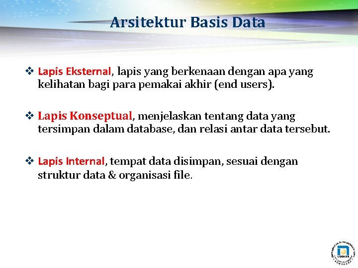 Arsitektur Basis Data v Lapis Eksternal, lapis yang berkenaan dengan apa yang kelihatan bagi