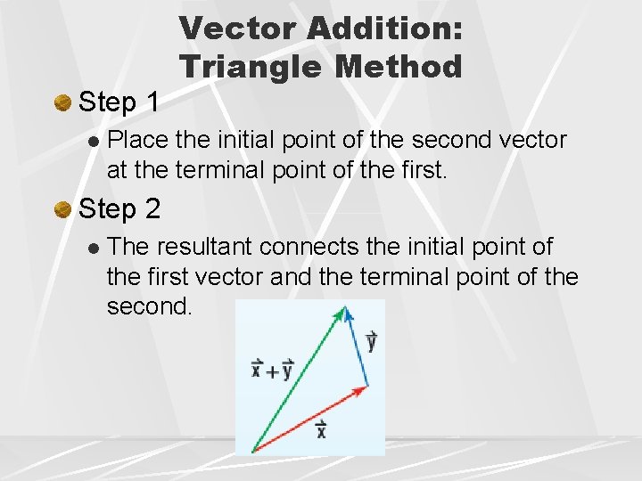 Step 1 l Vector Addition: Triangle Method Place the initial point of the second
