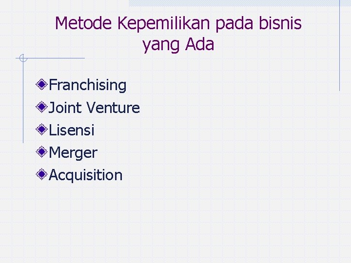 Metode Kepemilikan pada bisnis yang Ada Franchising Joint Venture Lisensi Merger Acquisition 