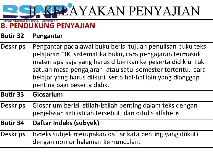 II. KELAYAKAN PENYAJIAN B. PENDUKUNG PENYAJIAN Butir 32 Pengantar Deskripsi Pengantar pada awal buku