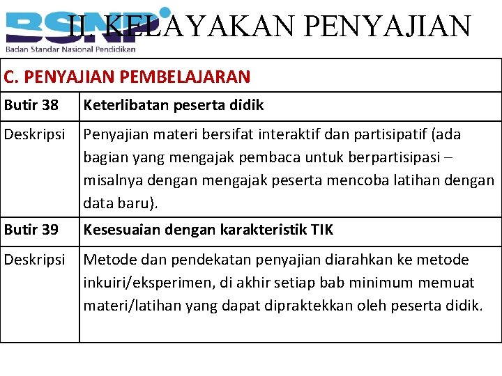 II. KELAYAKAN PENYAJIAN C. PENYAJIAN PEMBELAJARAN Butir 38 Keterlibatan peserta didik Deskripsi Penyajian materi