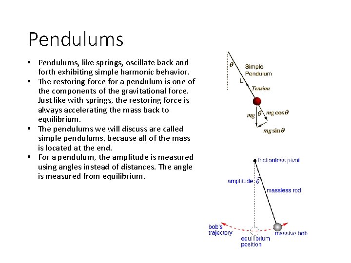 Pendulums § Pendulums, like springs, oscillate back and forth exhibiting simple harmonic behavior. §