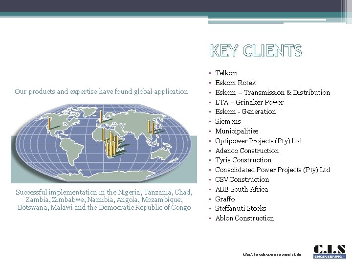 KEY CLIENTS Our products and expertise have found global application Successful implementation in the