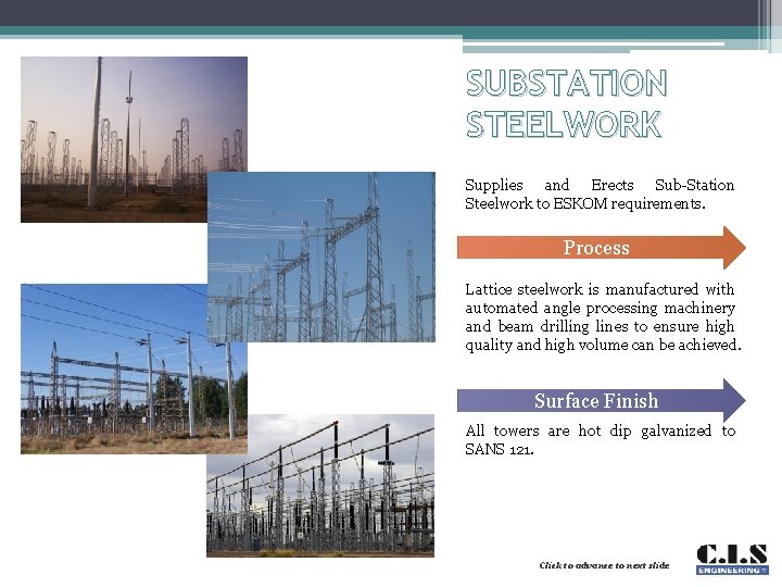 SUBSTATION STEELWORK Supplies and Erects Sub-Station Steelwork to ESKOM requirements. Process Lattice steelwork is