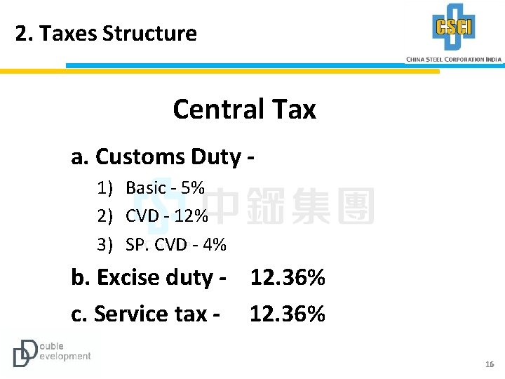 2. Taxes Structure Central Tax a. Customs Duty 1) Basic - 5% 2) CVD