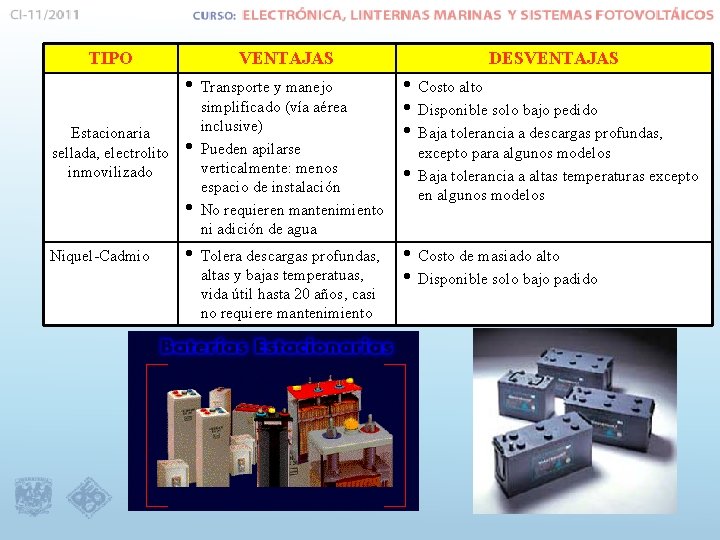 TIPO VENTAJAS • Transporte y manejo Estacionaria sellada, electrolito inmovilizado • • Niquel-Cadmio simplificado