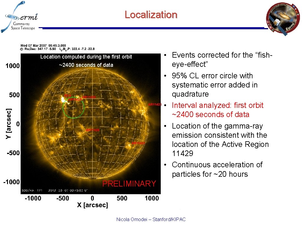 Localization Location computed during the first orbit ~2400 seconds of data • Events corrected