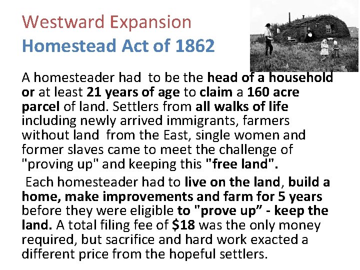Westward Expansion Homestead Act of 1862 A homesteader had to be the head of