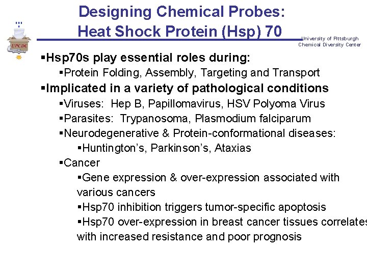 Designing Chemical Probes: Heat Shock Protein (Hsp) 70 University of Pittsburgh Chemical Diversity Center