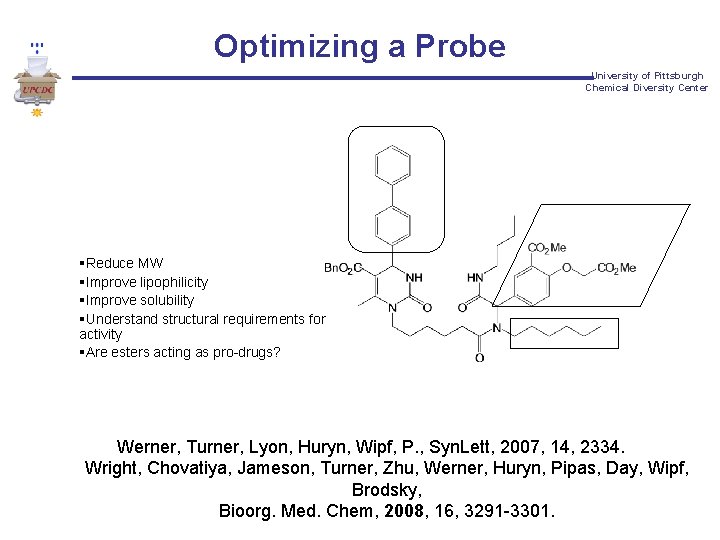 Optimizing a Probe University of Pittsburgh Chemical Diversity Center §Reduce MW §Improve lipophilicity §Improve