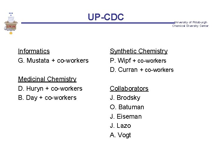 UP-CDC Informatics G. Mustata + co-workers Medicinal Chemistry D. Huryn + co-workers B. Day