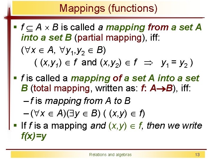 Mappings (functions) § f A B is called a mapping from a set A