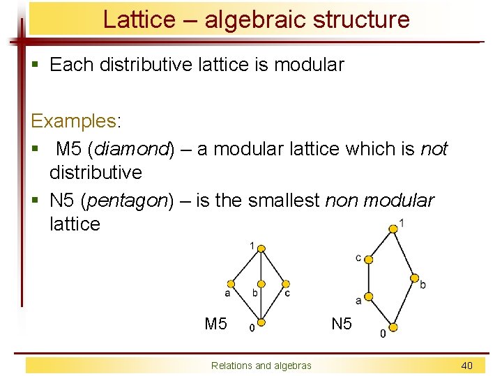 Lattice – algebraic structure § Each distributive lattice is modular Examples: § M 5