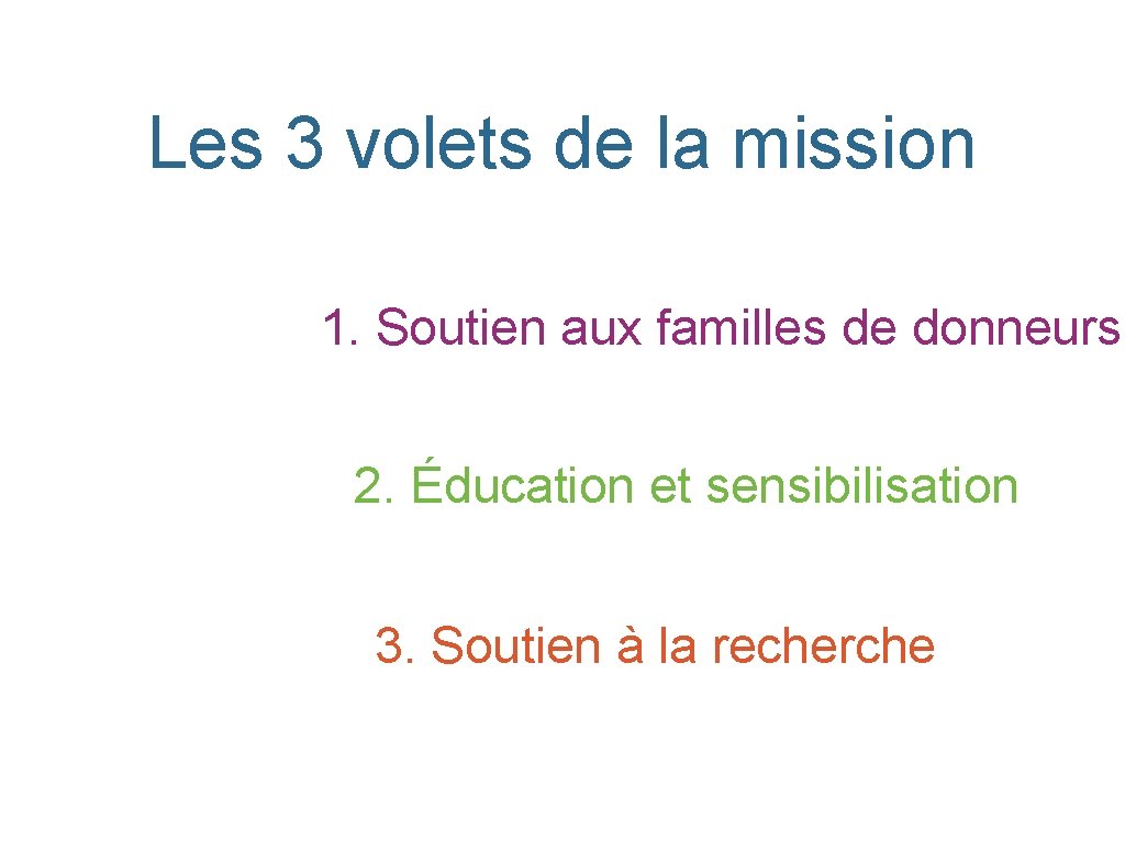 Les 3 volets de la mission 1. Soutien aux familles de donneurs 2. Éducation