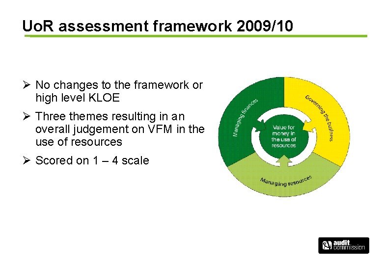 Uo. R assessment framework 2009/10 Ø No changes to the framework or high level