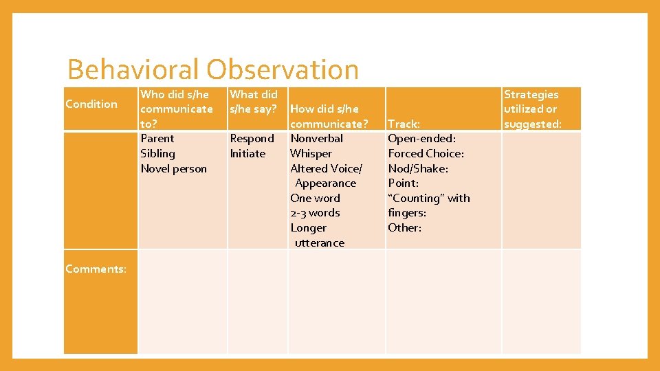  Behavioral Observation Condition Comments: Who did s/he communicate to? Parent Sibling Novel person