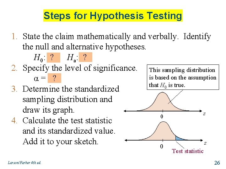 Steps for Hypothesis Testing 1. State the claim mathematically and verbally. Identify the null