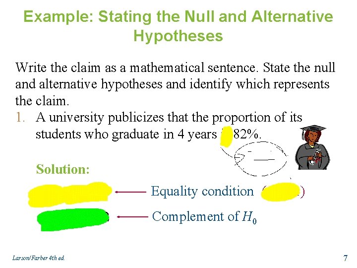 Example: Stating the Null and Alternative Hypotheses Write the claim as a mathematical sentence.