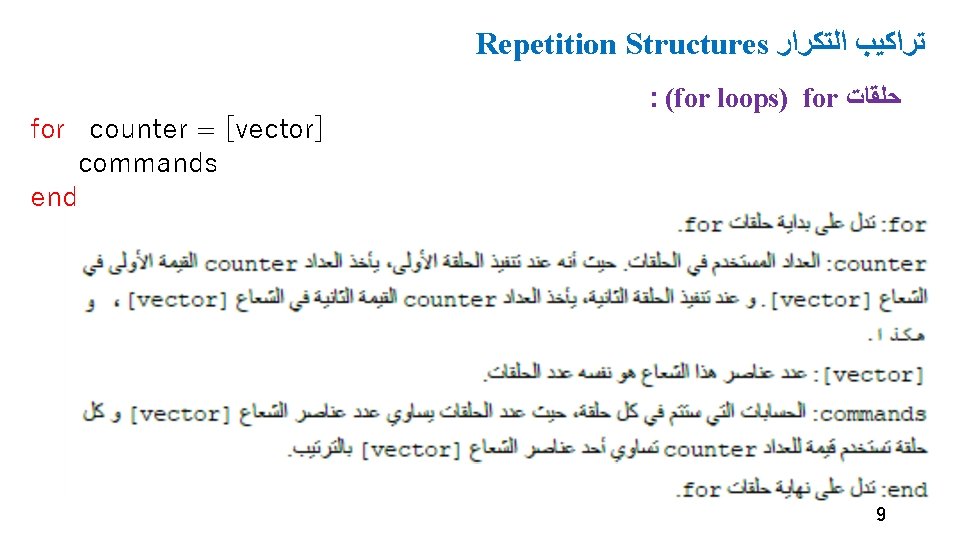 Repetition Structures ﺗﺮﺍﻛﻴﺐ ﺍﻟﺘﻜﺮﺍﺭ for counter = [vector] commands end : (for loops) for