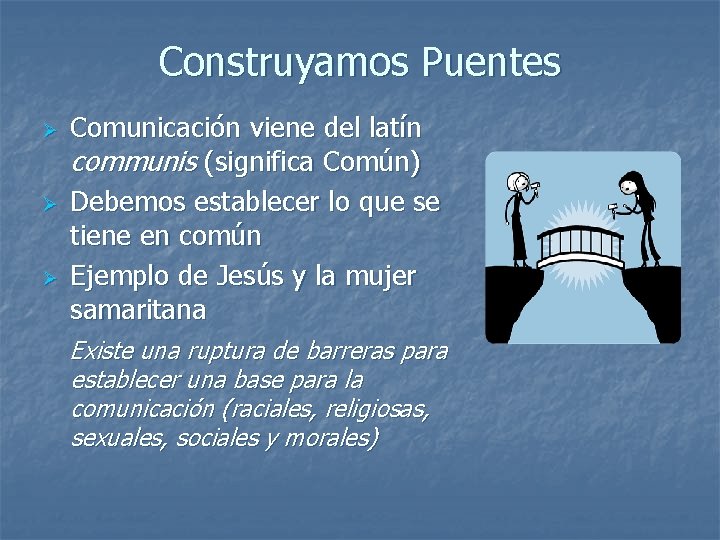 Construyamos Puentes Ø Ø Ø Comunicación viene del latín communis (significa Común) Debemos establecer