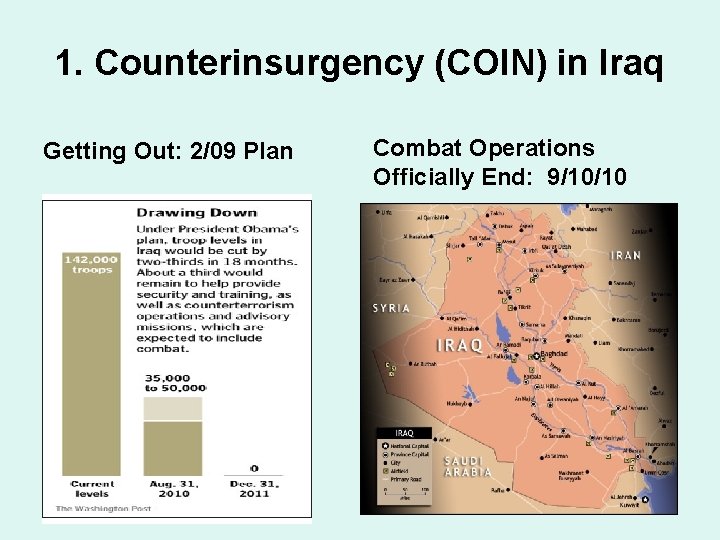 1. Counterinsurgency (COIN) in Iraq Getting Out: 2/09 Plan Combat Operations Officially End: 9/10/10