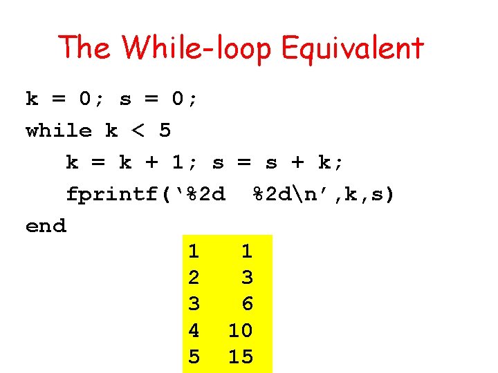 The While-loop Equivalent k = 0; s = 0; while k < 5 k