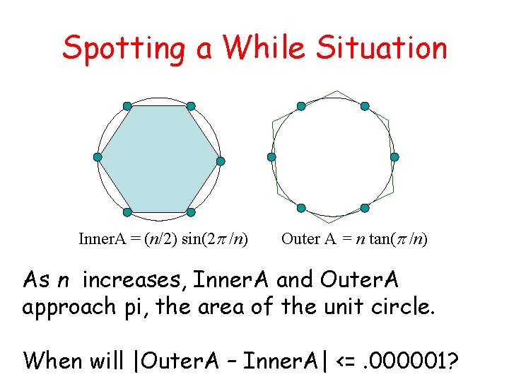 Spotting a While Situation Inner. A = (n/2) sin(2 /n) Outer A = n