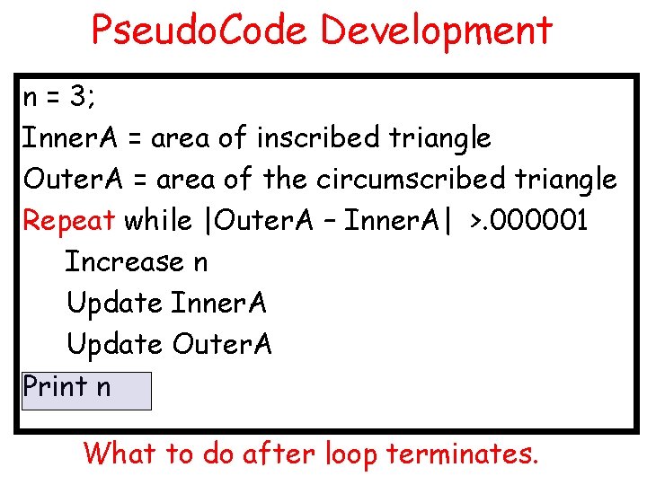 Pseudo. Code Development n = 3; Inner. A = area of inscribed triangle Outer.