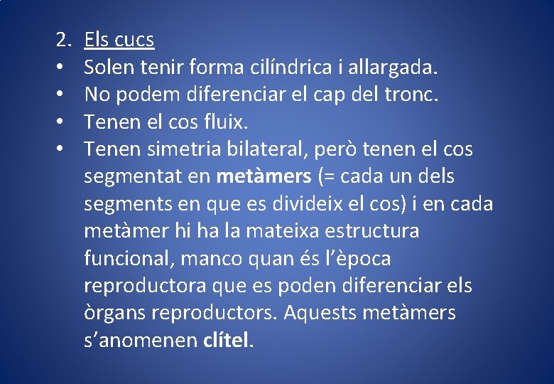 2. • • Els cucs Solen tenir forma cilíndrica i allargada. No podem diferenciar