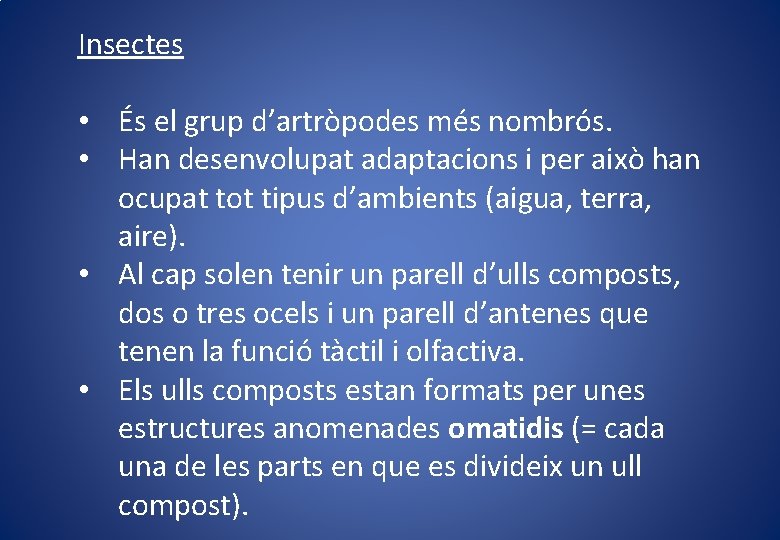 Insectes • És el grup d’artròpodes més nombrós. • Han desenvolupat adaptacions i per Insectes • És el grup d’artròpodes més nombrós. • Han desenvolupat adaptacions i per