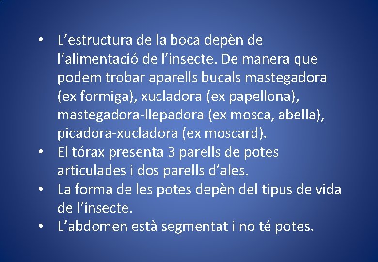  • L’estructura de la boca depèn de l’alimentació de l’insecte. De manera que