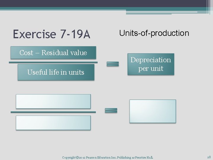 Exercise 7 -19 A Cost – Residual value Useful life in units Units-of-production Depreciation