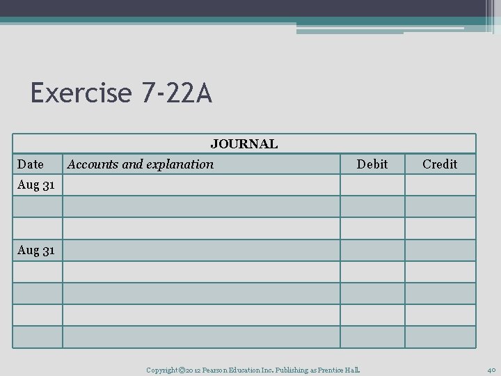 Exercise 7 -22 A JOURNAL Date Accounts and explanation Debit Credit Aug 31 Copyright