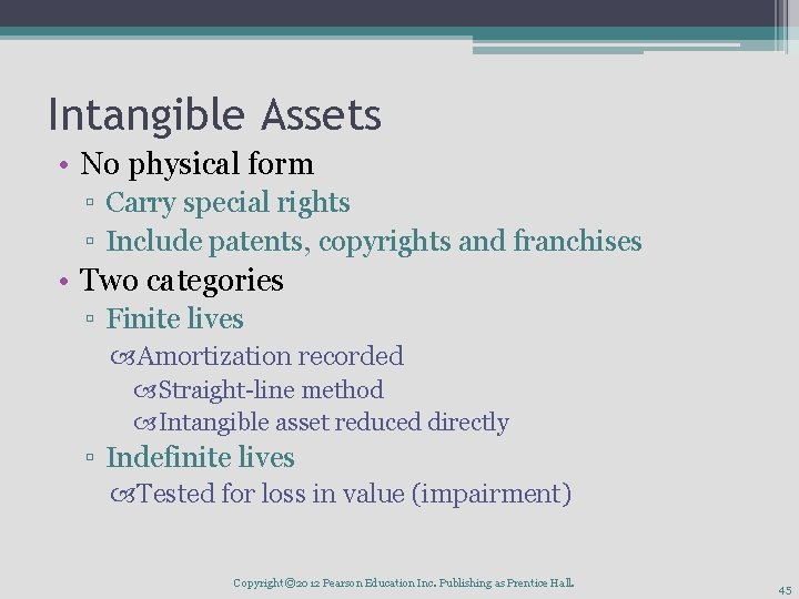 Intangible Assets • No physical form ▫ Carry special rights ▫ Include patents, copyrights