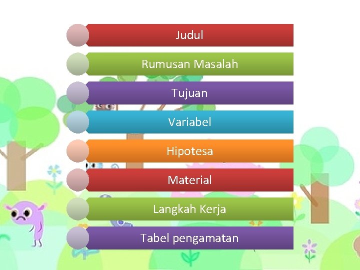 Judul Rumusan Masalah Tujuan Variabel Hipotesa Material Langkah Kerja Tabel pengamatan 