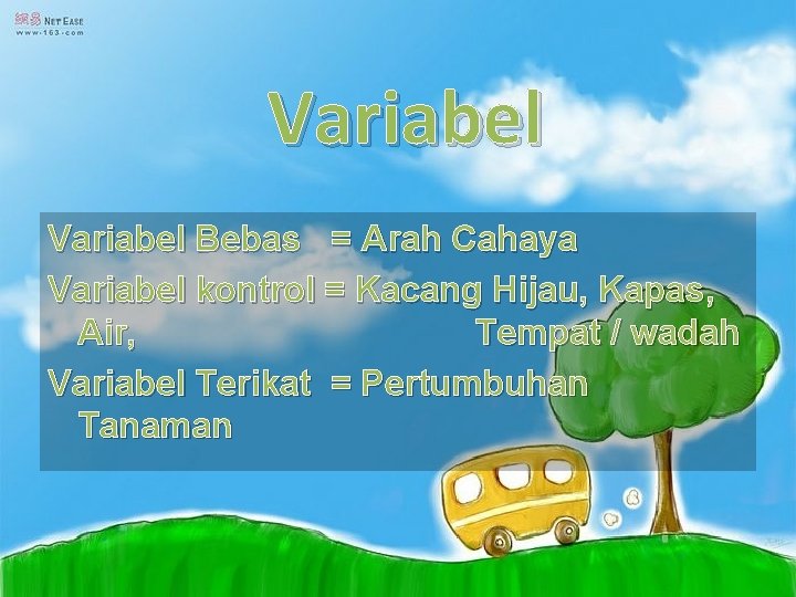 Variabel Bebas = Arah Cahaya Variabel kontrol = Kacang Hijau, Kapas, Air, Tempat /