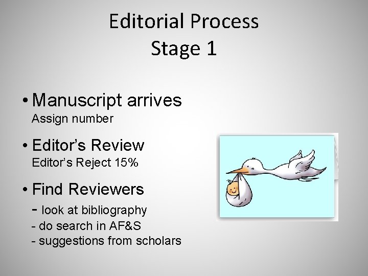 Editorial Process Stage 1 • Manuscript arrives Assign number • Editor’s Review Editor’s Reject