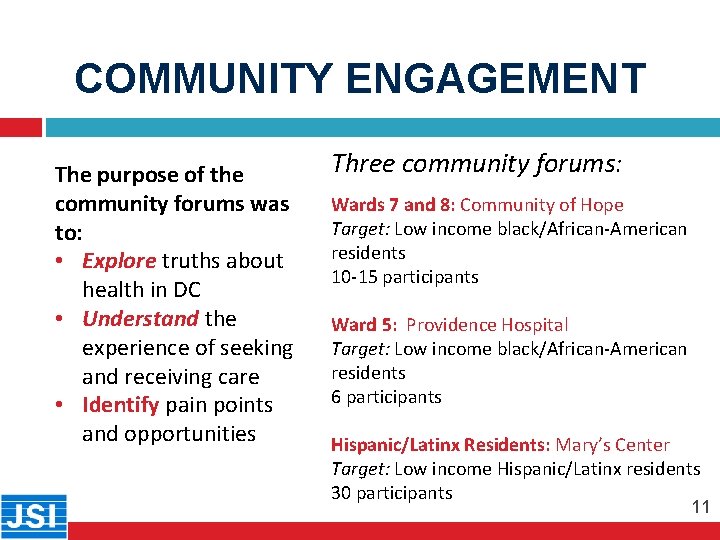 COMMUNITY ENGAGEMENT 11 The purpose of the community forums was to: • Explore truths