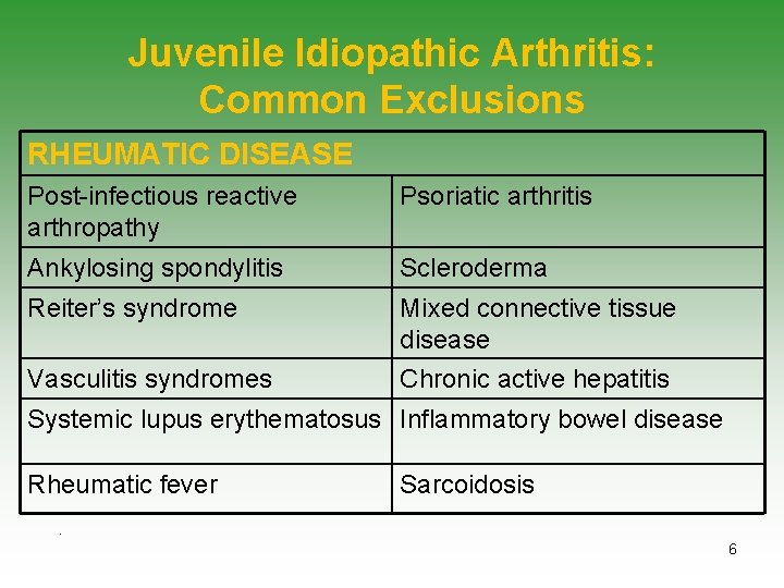 Juvenile Idiopathic Arthritis: Common Exclusions RHEUMATIC DISEASE Post-infectious reactive arthropathy Psoriatic arthritis Ankylosing spondylitis