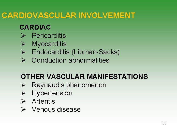 CARDIOVASCULAR INVOLVEMENT CARDIAC Ø Pericarditis Ø Myocarditis Ø Endocarditis (Libman-Sacks) Ø Conduction abnormalities OTHER