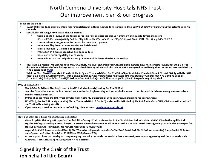 North Cumbria University Hospitals NHS Trust : Our improvement plan & our progress What